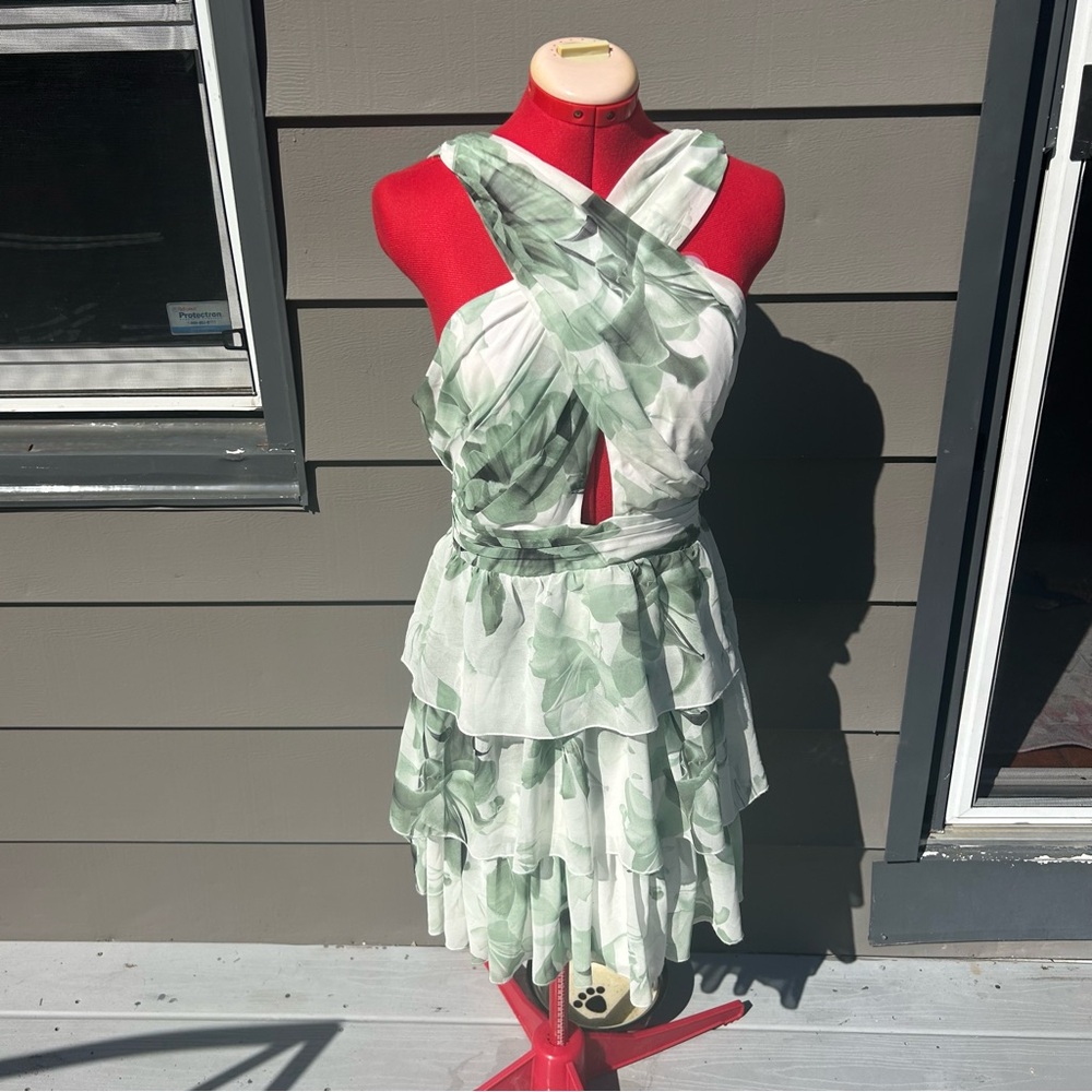 le chateau Green Leaf Print Ruffled Halter Dress